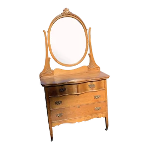 Antique Oak Full Sized Dresser With Harp Mirror