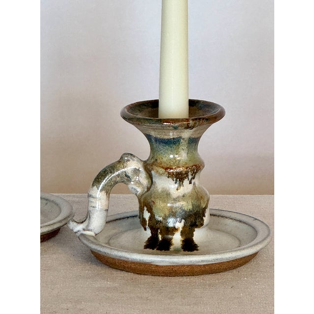 Mid-Century Modern Vintage Hand Thrown Candlesticks, Pair For Sale - Image 3 of 6