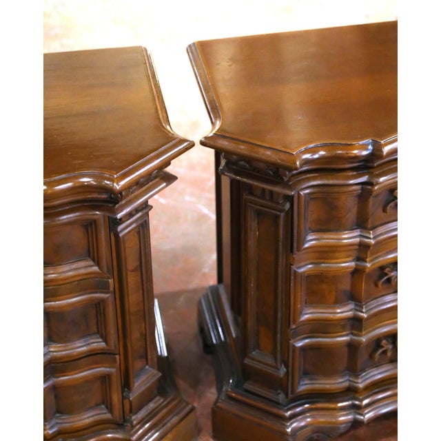 Baroque Pair Mid-Century Italian Baroque Walnut Three-Drawer Bedside Tables For Sale - Image 3 of 8