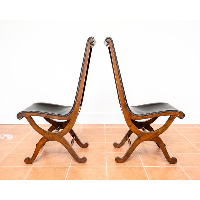Mid-Century Neo-Classical Spanish Black Leather and Oak Dining Chairs by Pierre Lottier for Valmazan, 1960s, Set of 4 For Sale - Image 13 of 18