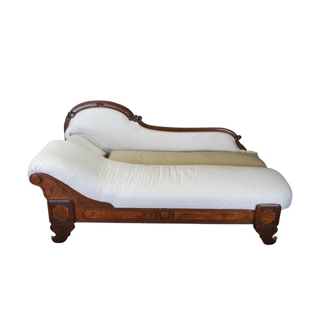 Victorian Antique Victorian Walnut Burl Récamier Chaise Lounge Fainting Couch Sleeper Sofa For Sale - Image 3 of 14