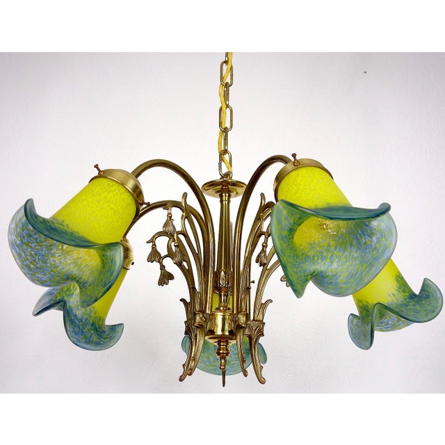 French Brass Pate De Verre Glass Five Light Chandelier, 1950s, in Very Good conditions. Designed 1950 to 1959 I have...