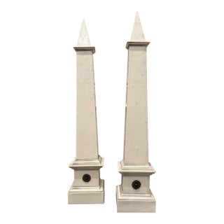 Pair of Neoclassical Faux Ivoire Obelisks – White Architectural Sculptures, 23.5″ Tall For Sale