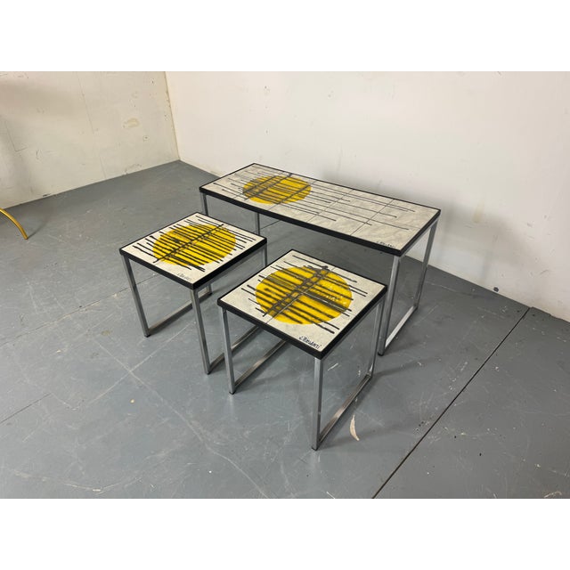 Beige Vintage Chromed Steel and Ceramic Belarti Coffee Table with Side Tables by Juliette Belarti, 1960s, Set of 3 For Sale - Image 8 of 11