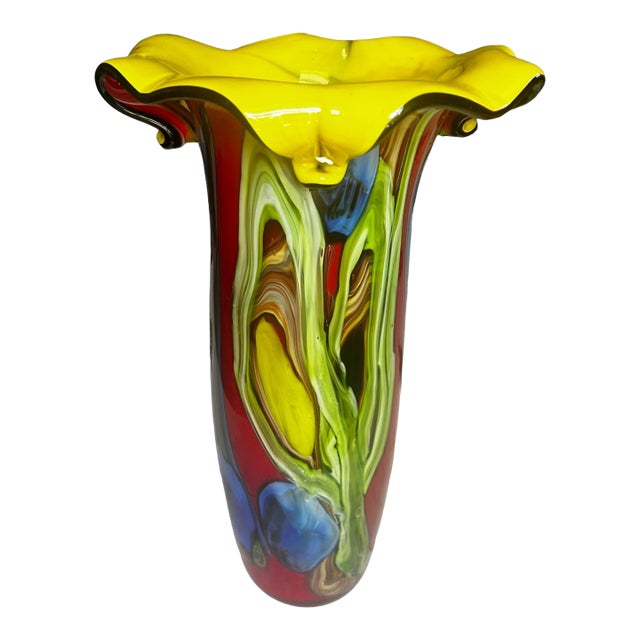 Murano Colorful Cased Floral Studio Art Glass Vase For Sale
