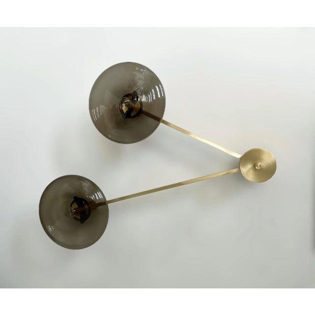 Italian flush mount with two smoky Murano glass shades mounted on solid brass frame in satin brass finish / Made in Italy...