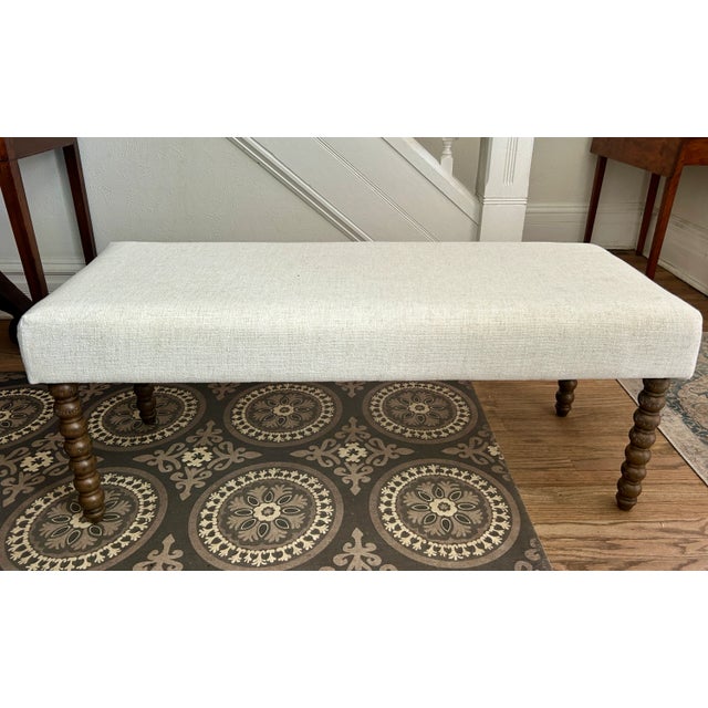 Rustic Vintage White Upholstered Bench For Sale - Image 3 of 8