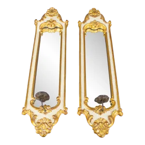 Mid 20th Century Dauphine Harrison & Gil Hand Carved & Painted Gold Gilt Pair of Sconce Mirrors