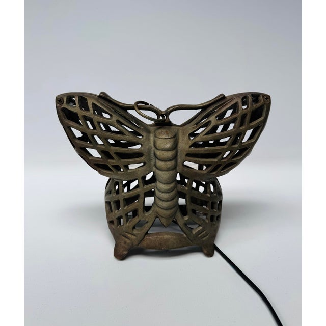 Tribal Vintage Cast Iron Butterfly Table Lamp Openwork Accent Light Shadow Casting For Sale - Image 3 of 12