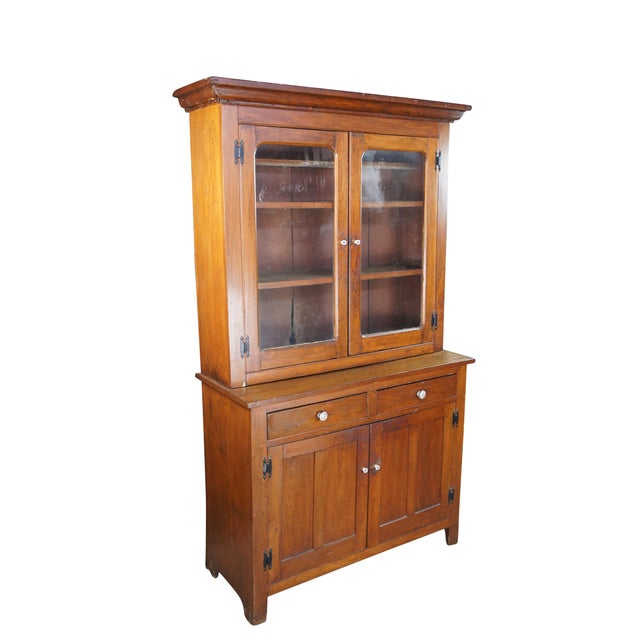 American Antique Early American Stepback Farmhouse Oak Kitchen Cupboard Display Cabinet For Sale - Image 3 of 15
