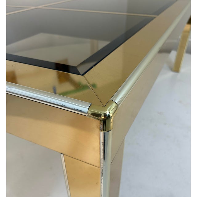 29.5 inches high by 81 inches long by 42.5 wide. Seats 6-8. Parsons from dining table by Mastercraft of Grand Rapids clad...