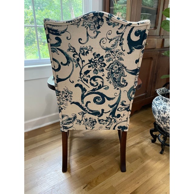 Mid 20th Century Mahogany Queen Anne Arm Chair in Blue and Cream