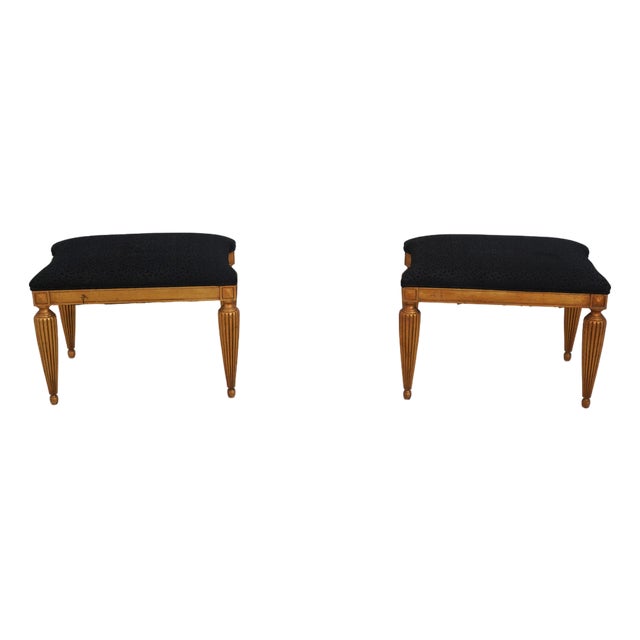 Pair of Henredon Neoclassical Black & Gold Footstools Ottomans For Sale