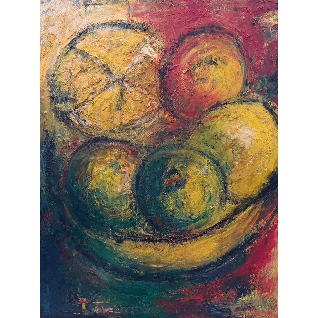 Original abstract still life oil painting by French-born artist Loic Riou, dated 1998. This richly textured composition...