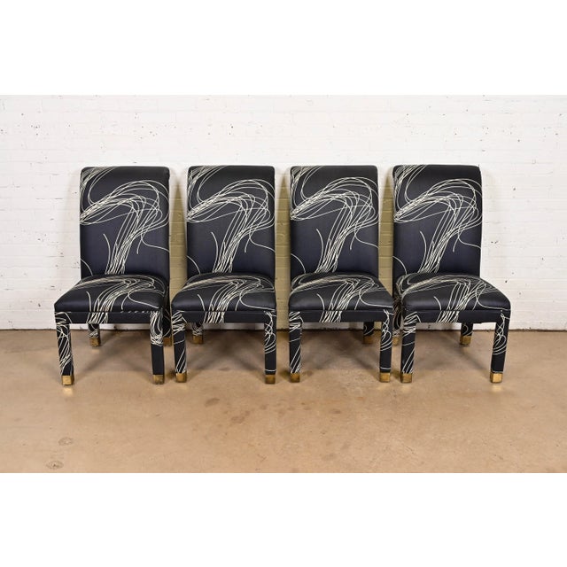 A gorgeous set of four Modern or Postmodern Parsons upholstered side chairs or dining chairs In the manner of Karl...