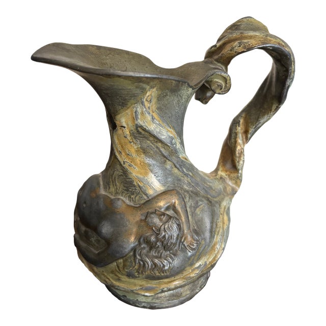 Early 20th Century Art Nouveau Figural Pitcher Cb Perron Nude Woman Metal Vase For Sale