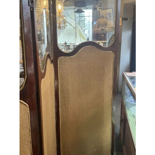 Antique Art Nouveau French Style Three Panel Dressing Screen With 3 Glass Panels For Sale - Image 9 of 11
