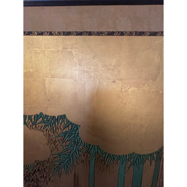 Monumental Vintage Chinese Six-Panel Gilt Folding Screen With Bamboo and Scholars For Sale In Houston - Image 6 of 12