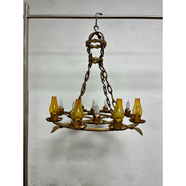 Gold Antique French Brutalist Gilt Forged Iron 12-Light Chandelier For Sale - Image 8 of 9
