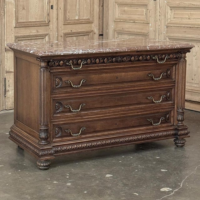 French 19th Century French Henry II Neoclassical Walnut Commode With Rouge Marble For Sale - Image 3 of 18