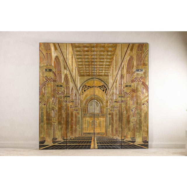 Mid 20th Century Renaissance-Inspired 4-Panel Gilded Screen with Raised Architectural Design For Sale - Image 5 of 12