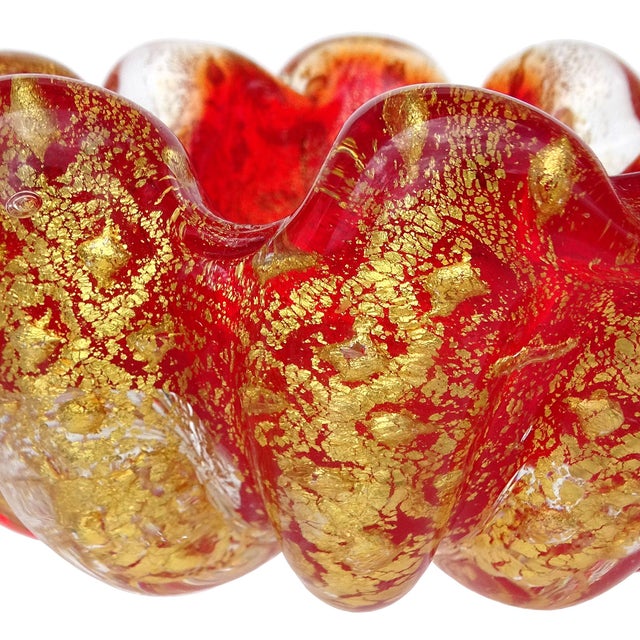 Barovier e Toso Vintage Murano Barovier Toso Bright Red Gold Flecks Control Bubbles Italian Art Glass Ashtray Bowl For Sale - Image 4 of 9