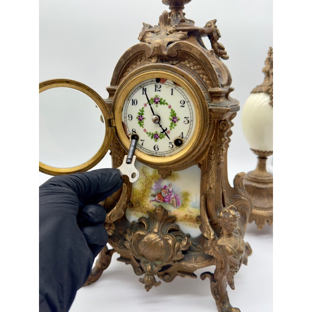 New Haven Clock Company Antique New Haven Mantle Clock, French Porcelain Egg Urn Set For Sale - Image 4 of 10