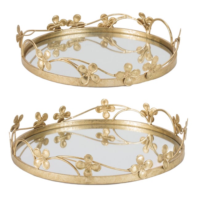 Floral Sculpted Mirror Tray (Set of 2) For Sale