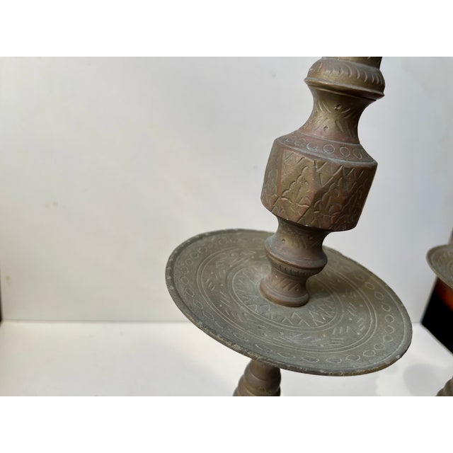 Vintage Moroccan Altar Candleholders in Engraved Brass, 1960s, Set of 2 For Sale - Image 6 of 10