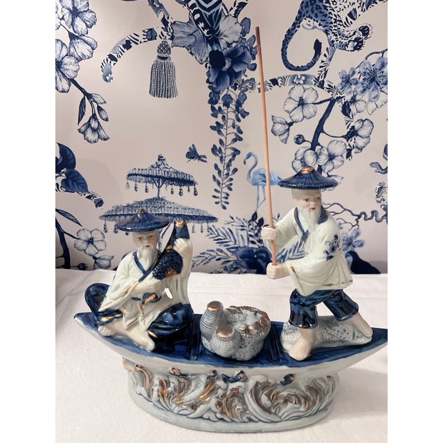 Chinese Vintage Blue & White Porcelain Chinese Fishermen in Boat For Sale - Image 3 of 11