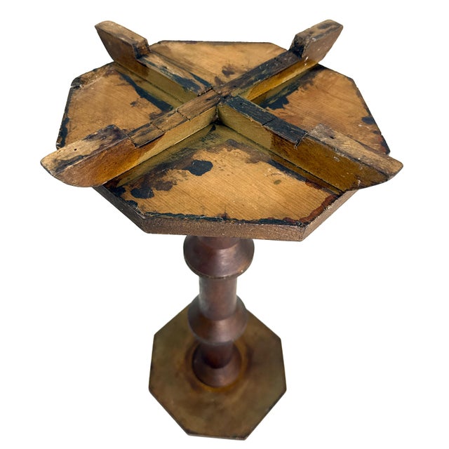 Antique 1890 Handmade Folk Art Wood Chunky Spool Victorian Edwardian Era Pedestal Plant Stand / Side Table For Sale - Image 16 of 16