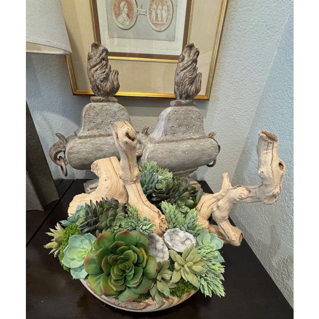 Arts & Crafts Custom Succulent Arrangement in Wooden Bowl For Sale - Image 3 of 11