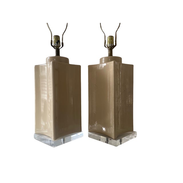 1970s Pair of Architectural Table Lamps in Taupe Ceramic, Circa 1980s For Sale - Image 5 of 9