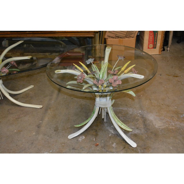 Vtg 1960s Italian Metal Floral Toile Glass Top Oval Coffee Table & 2 Round End For Sale - Image 6 of 12