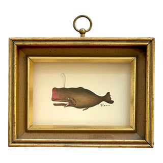 Original Hand-Painted Whimsical Baby Whale Painting in a Vintage Frame For Sale
