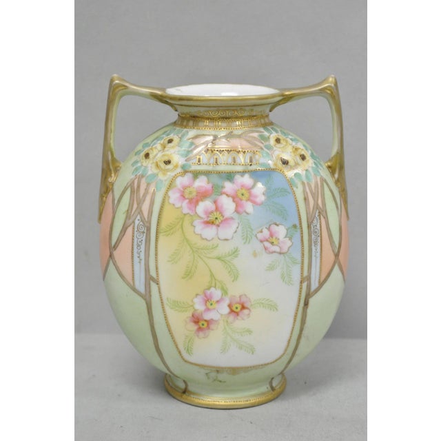 Antique Nippon Art Nouveau Hand Painted Porcelain Pink Flower Twin Handle Vase For Sale - Image 14 of 14