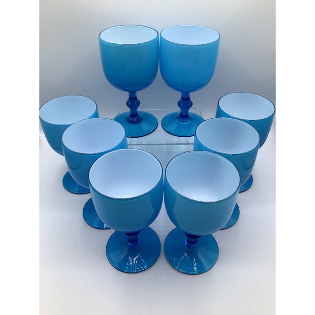 Carlo Moretti Vintage Carlo Moretti Italy Blue White Cased Murano Glass Wine Water Glasses - Set of 8 For Sale - Image 4 of 7