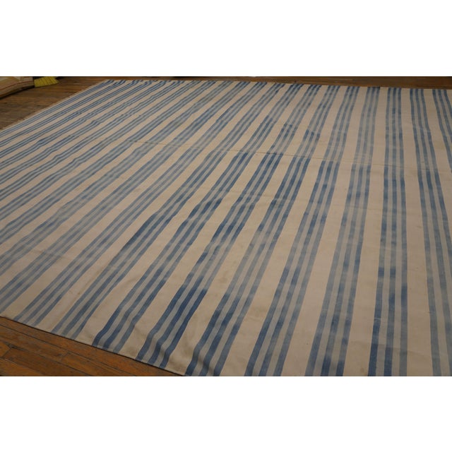 Striking Example of Minimalist With Multi Blue Stripe Dhurrie Style Antique Indian Cotton Rug For Sale - Image 9 of 11