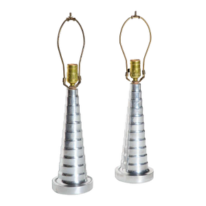 Stacked Cone Table Lamps in Polished & Matte Turned Aluminum, C. 1930 - A Pair