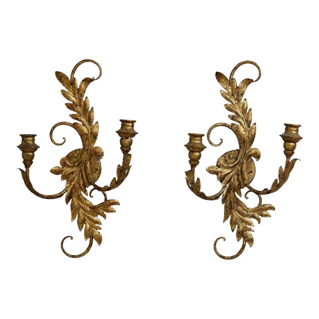 Pair French Style Gold Gilt Metal Candelabra Sconces For Sale