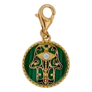 Diamond Hamsa Hand Mystic Protection Palm Symbol Evil Eye 18 Karat Yellow Gold M For Sale
