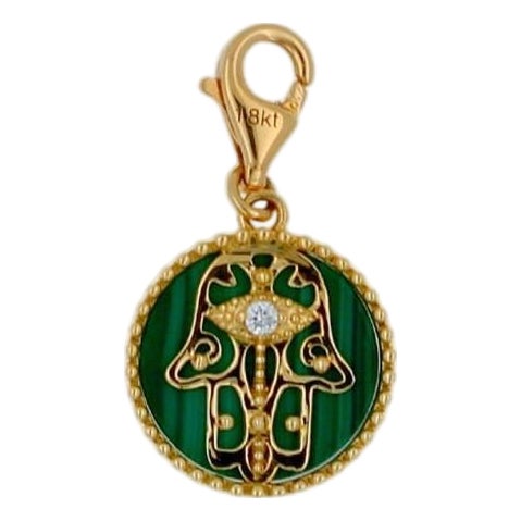 Diamond Hamsa Hand Mystic Protection Palm Symbol Evil Eye 18 Karat Yellow Gold M For Sale