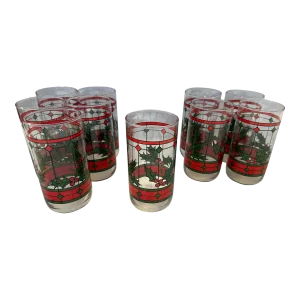Vintage Libbey Window Pane/Holly Berry Holiday Tumblers-Set of 7