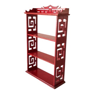 Vintage Chinoiserie Pagoda Fretwork Red Wood Wall Hanging Shelf Display For Sale