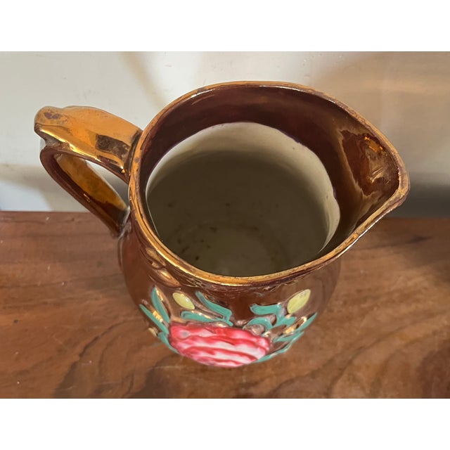 Copper Antique 19th Century English Regency Staffordshire Copper Luster Pitcher With Relief Molded Pink Roses For Sale - Image 8 of 14
