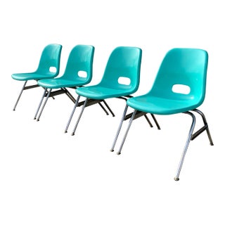 1960s Stacking Turquoise Fiberglass Krueger Metal Products Chairs, Set of 4 For Sale