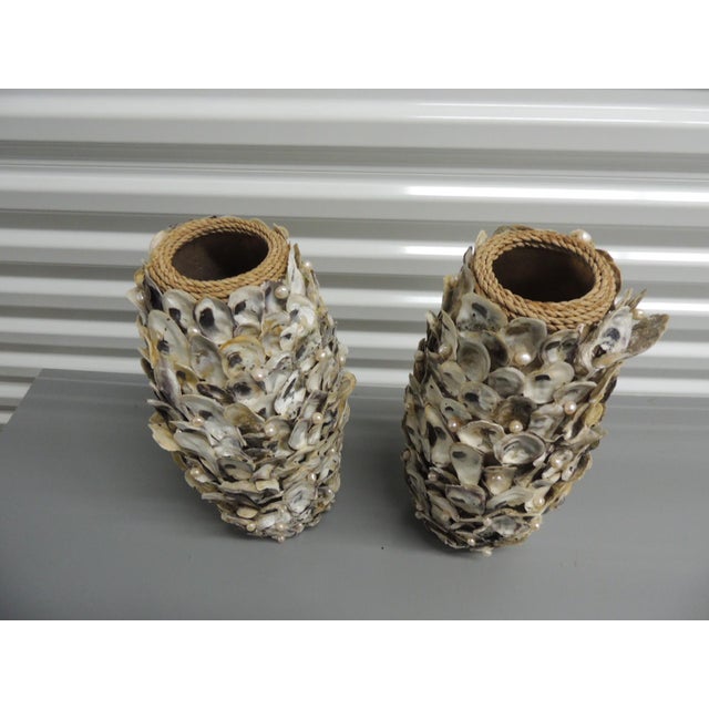 Vintage Tall Round Encrusted Oyster Shells Vases with Faux Pearls Details Paper mache bodies Twine rope trim For...