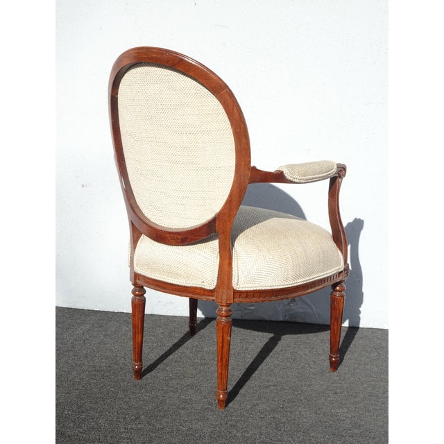 Vintage French Provincial Burlap Linen Side Arm Chair W Ornate Frame For Sale - Image 14 of 15