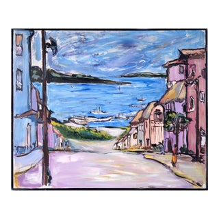 Old Town on the Bay in Baja Mexico Original Oil Painting on Linen by Palavicini For Sale