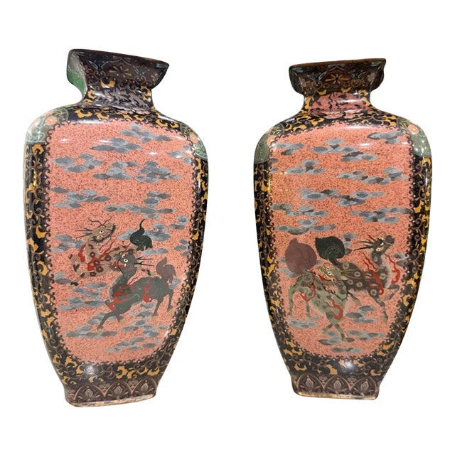 Late 19th Century Pair of Japanese Cloisonne Enamel Vases With Kirin, Tiger, Dragon and Phoenix For Sale